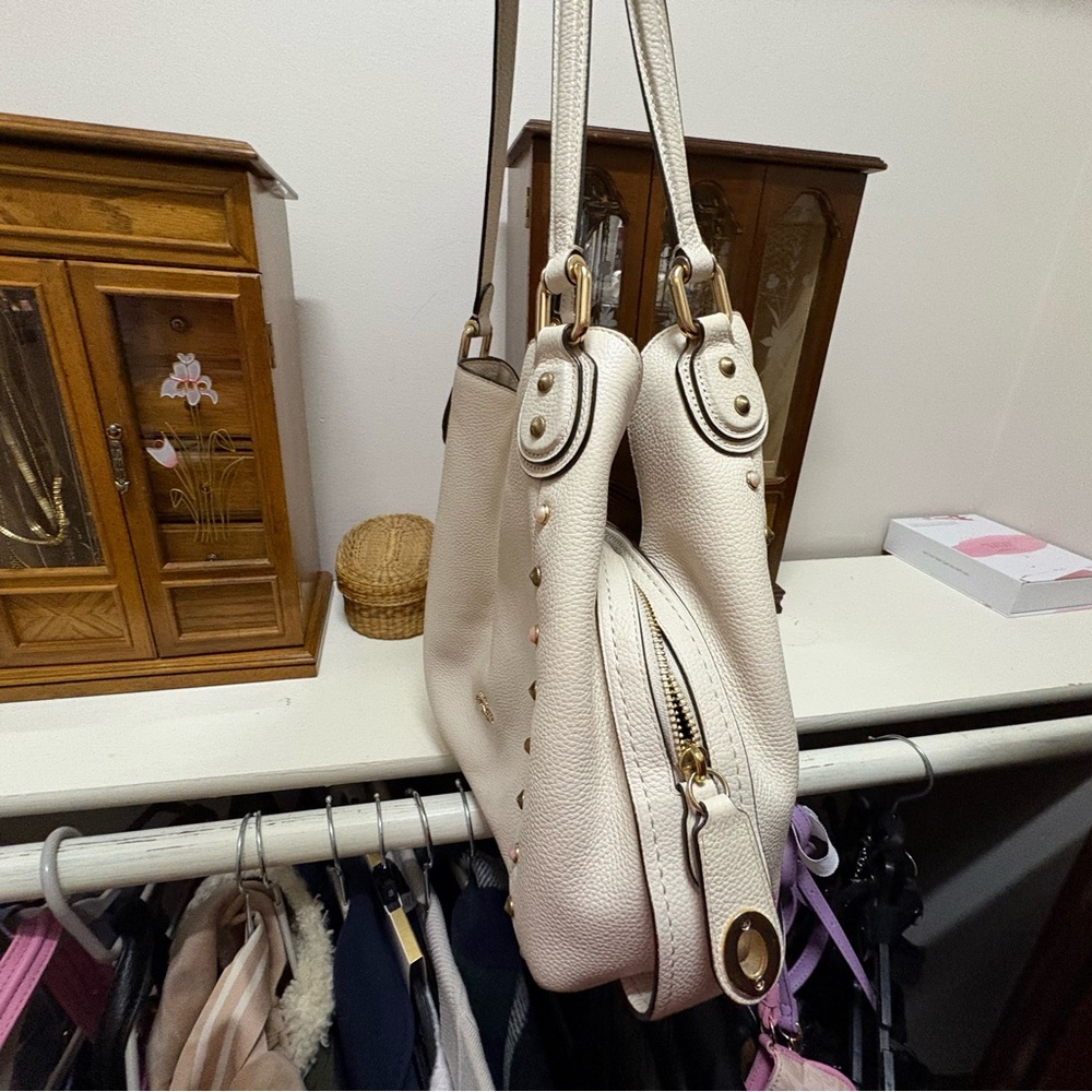 Coach Cream Pebbled Leather Shoulder Tote with Stud Accents - Picture 8 of 8